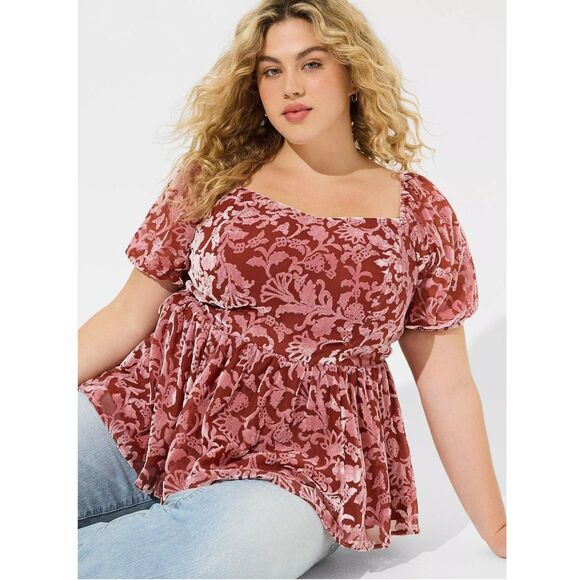 Torrid Babydoll Burnout Velvet Top Size 2X Puff Sleeve Boho Whimsigoth Pink - Picture 1 of 12
